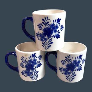 Vintage Handpainted Delft Blue 3D Tulip Floral Design Ceramic Coffee Mug Set 3